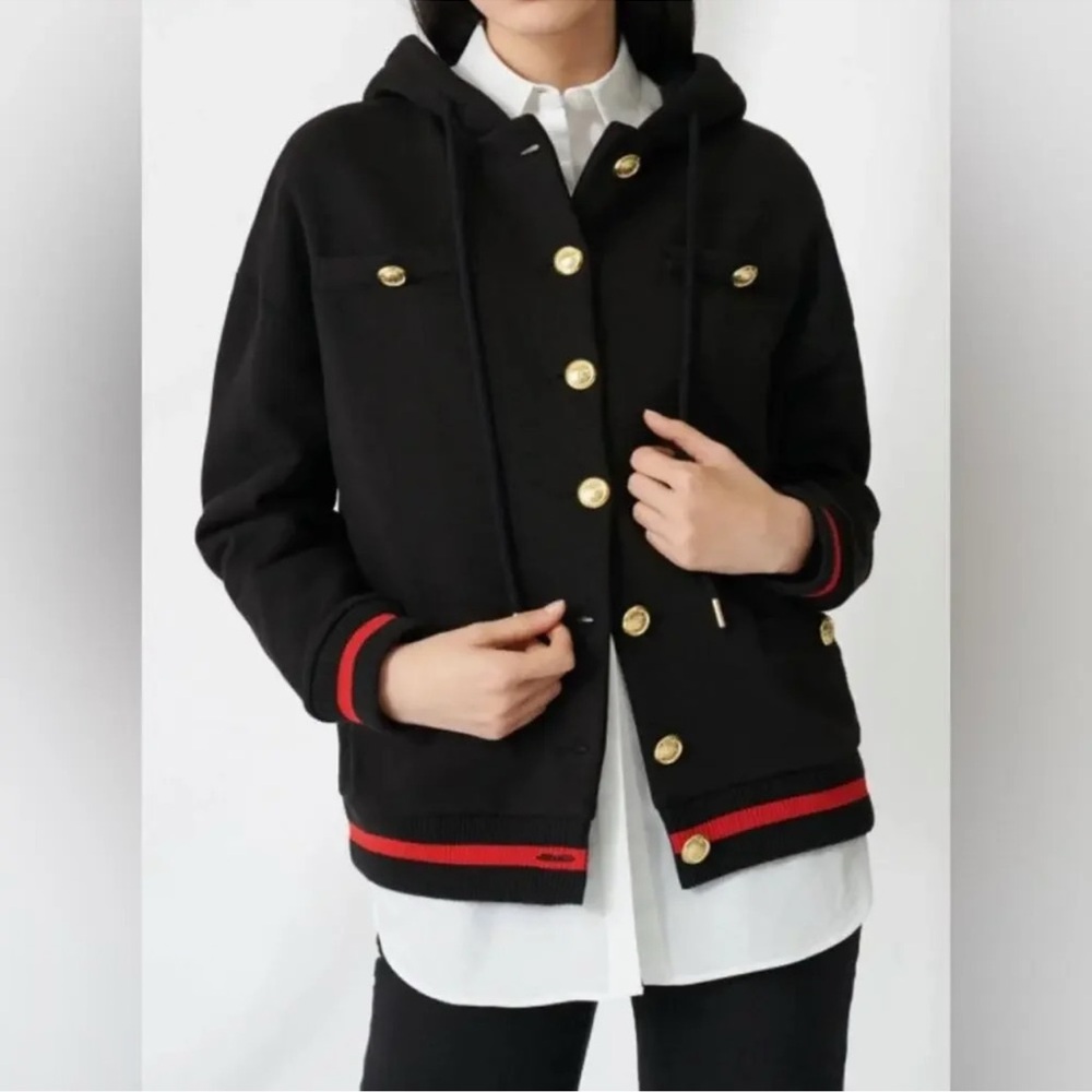 MAJE BLACK HOODED STYLISH JACKET WITH GOLD ACCENTS